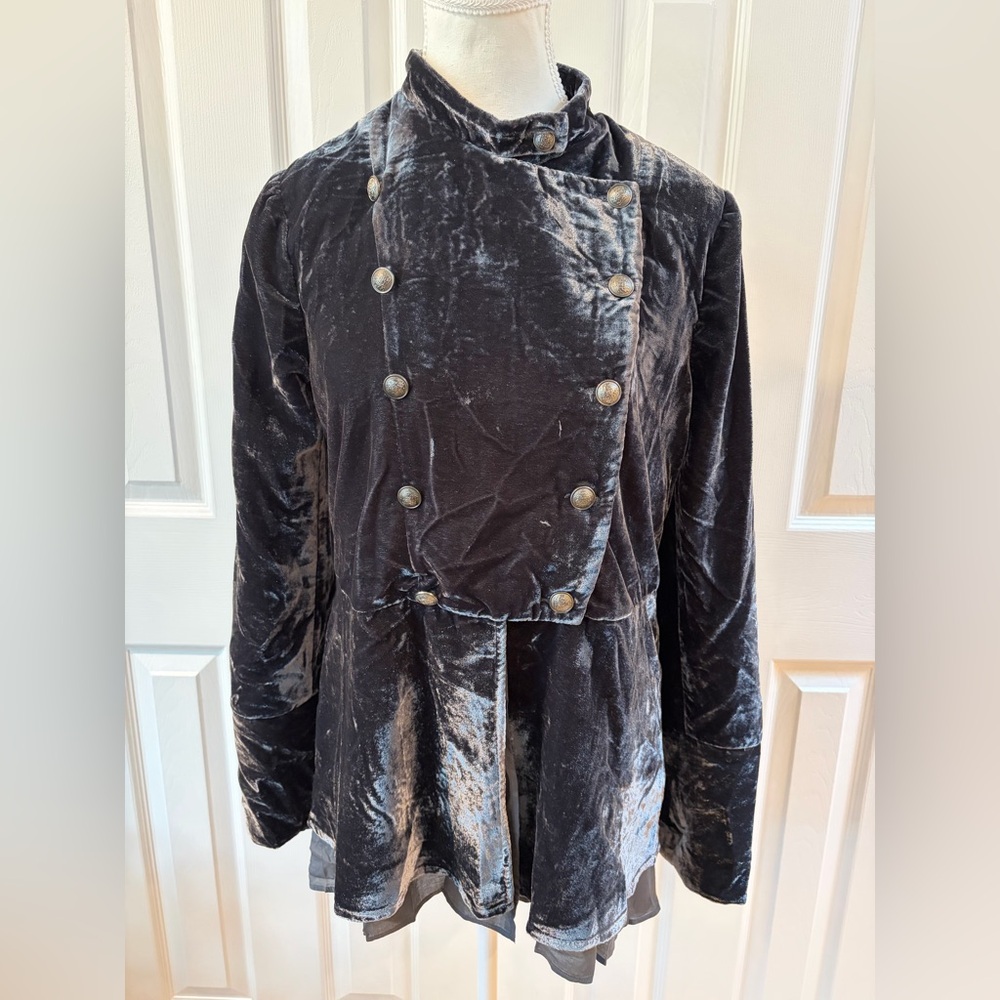 Free People Ebony Velvet Faye Military Double Breasted Jacket Size S